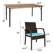 Costway - 7Pcs Patio Rattan Cushioned Dining Set with Umbrella Hole-Turquoise