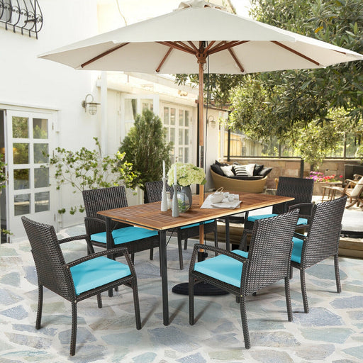 Costway - 7Pcs Patio Rattan Cushioned Dining Set with Umbrella Hole-Turquoise