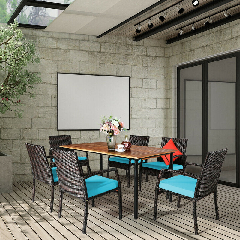 Costway - 7Pcs Patio Rattan Cushioned Dining Set with Umbrella Hole-Turquoise