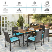 Costway - 7Pcs Patio Rattan Cushioned Dining Set with Umbrella Hole-Turquoise