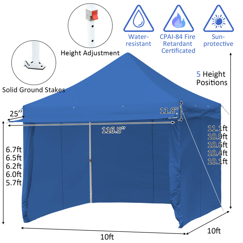 Costway - 10 x 10 Feet Pop-up Gazebo with 5 Removable Zippered Sidewalls and Extended Awning-Blue