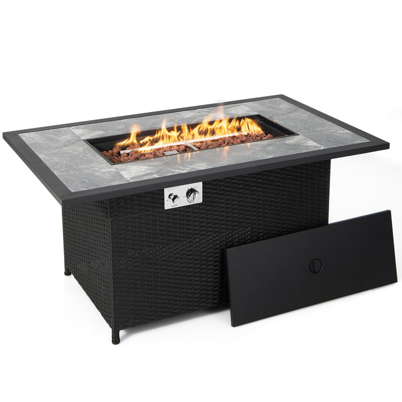 Costway - 52 Inch Rattan Wicker Propane Fire Pit Table with Rain Cover and Lava Rock-Black