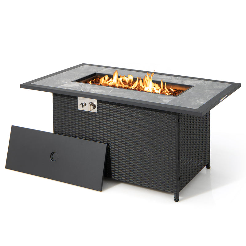 Costway - 52 Inch Rattan Wicker Propane Fire Pit Table with Rain Cover and Lava Rock-Black