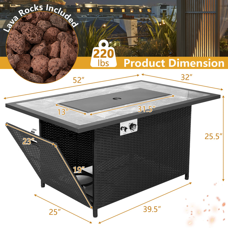 Costway - 52 Inch Rattan Wicker Propane Fire Pit Table with Rain Cover and Lava Rock-Black