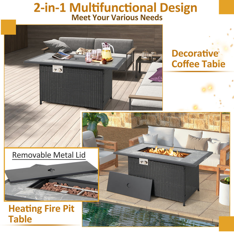 Costway - 52 Inch Rattan Wicker Propane Fire Pit Table with Rain Cover and Lava Rock-Black