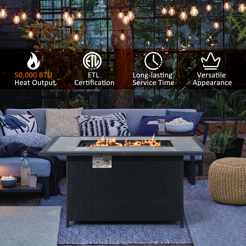 Costway - 52 Inch Rattan Wicker Propane Fire Pit Table with Rain Cover and Lava Rock-Black