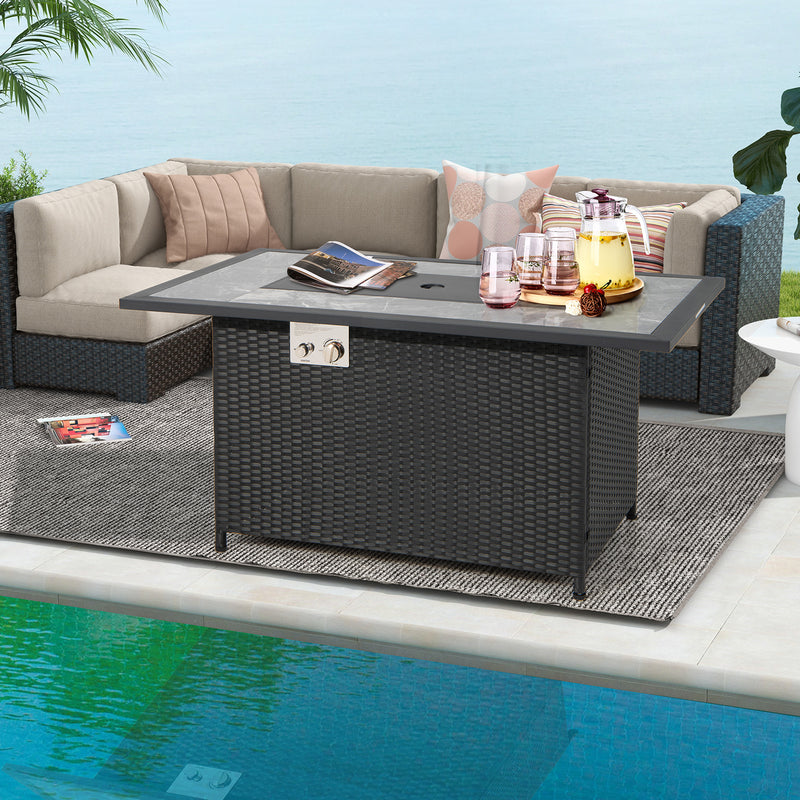 Costway - 52 Inch Rattan Wicker Propane Fire Pit Table with Rain Cover and Lava Rock-Black