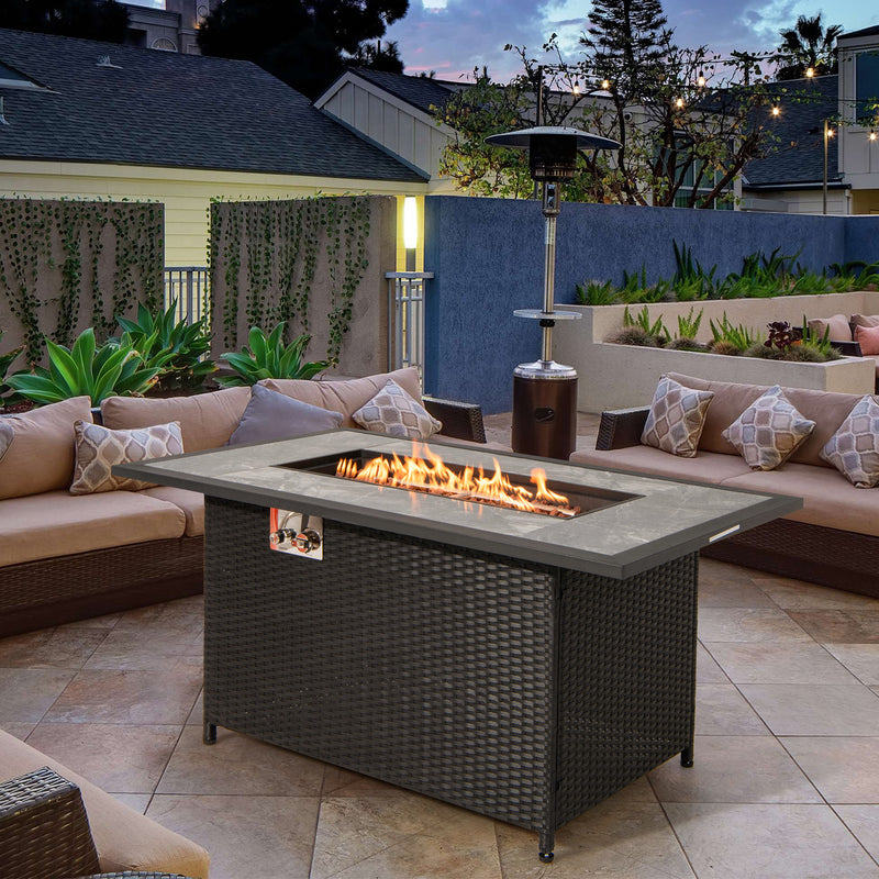 Costway - 52 Inch Rattan Wicker Propane Fire Pit Table with Rain Cover and Lava Rock-Black