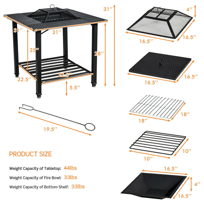 Costway - 31 Inch Outdoor Fire Pit Dining Table with Cooking BBQ Grate