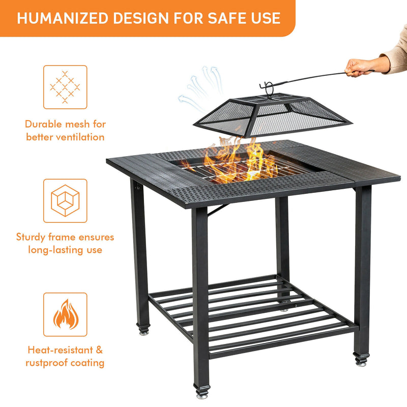 Costway - 31 Inch Outdoor Fire Pit Dining Table with Cooking BBQ Grate