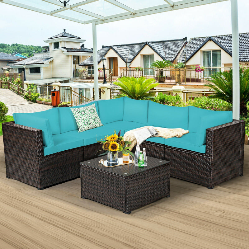 Costway - 6 Pieces Patio Furniture Sofa Set with Cushions for Outdoor-Turquoise