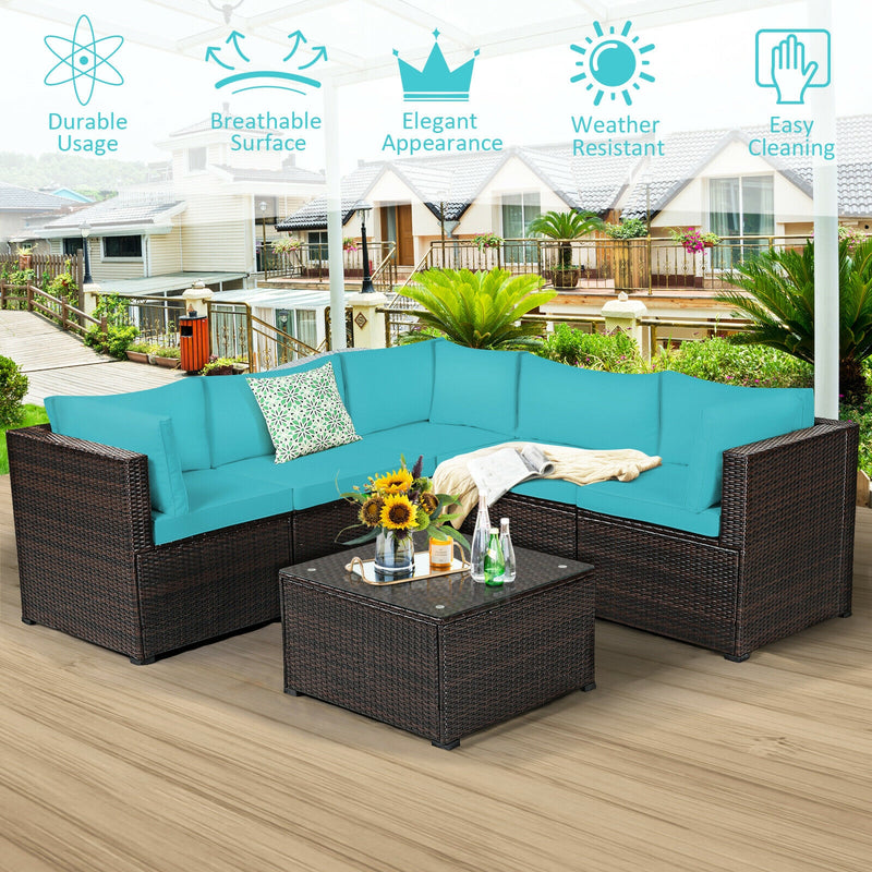 Costway - 6 Pieces Patio Furniture Sofa Set with Cushions for Outdoor-Turquoise