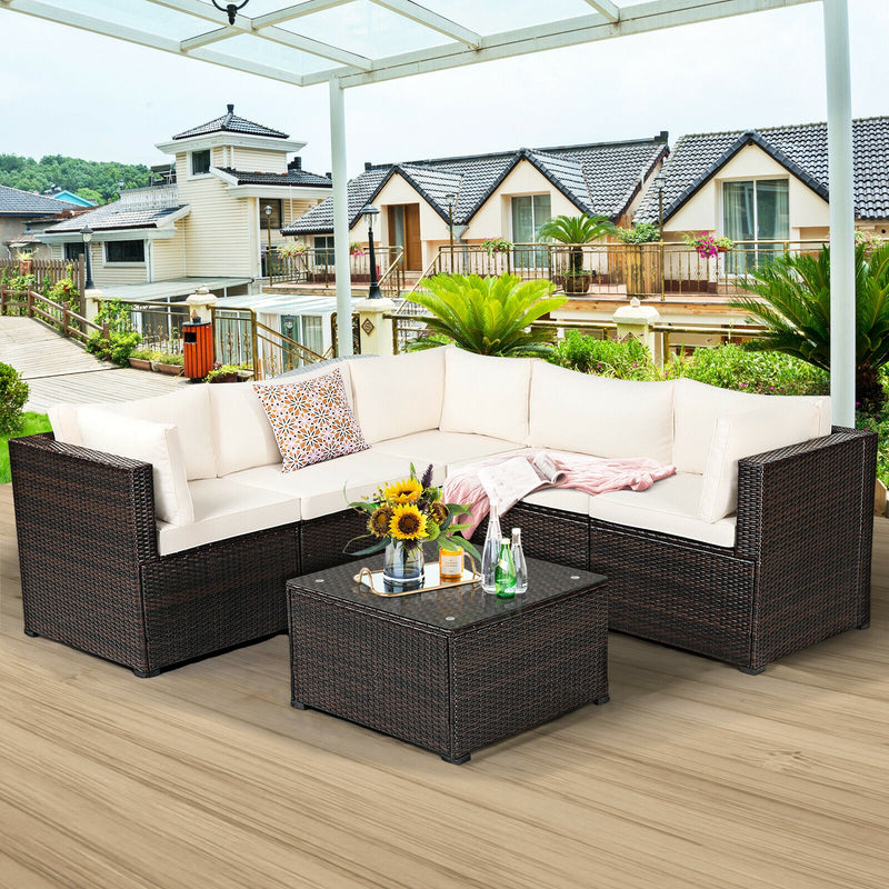 Costway - 6 Pieces Patio Furniture Sofa Set with Cushions for Outdoor-Beige