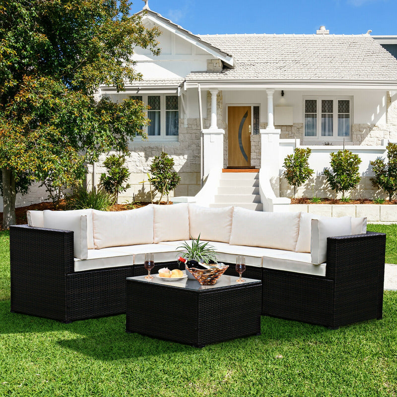 Costway - 6 Pieces Patio Furniture Sofa Set with Cushions for Outdoor-Beige