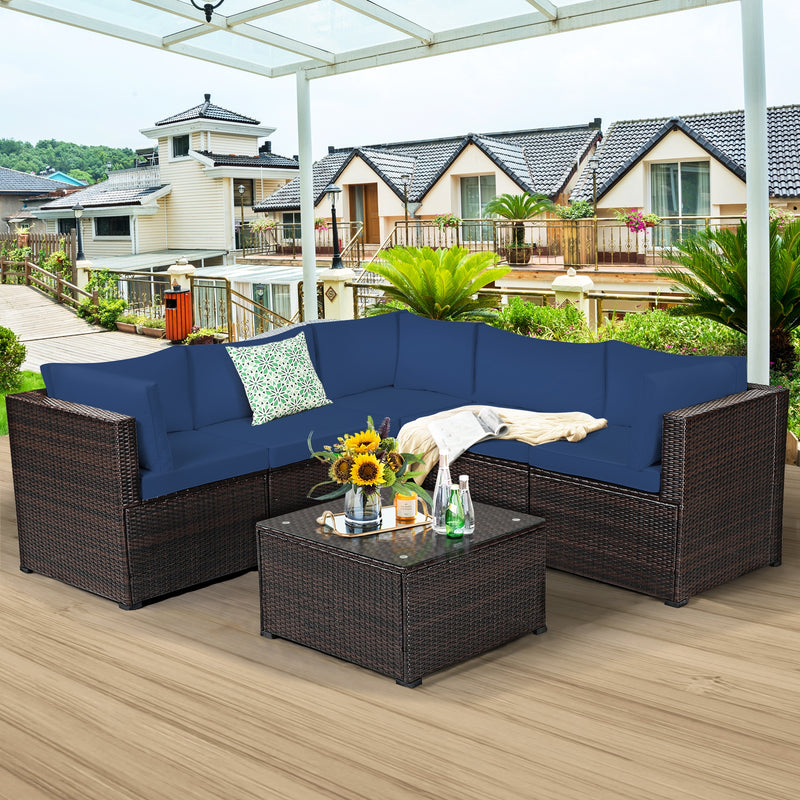 Costway - 6 Pieces Patio Furniture Sofa Set with Cushions for Outdoor-Navy