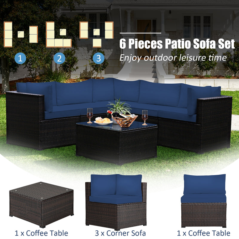 Costway - 6 Pieces Patio Furniture Sofa Set with Cushions for Outdoor-Navy