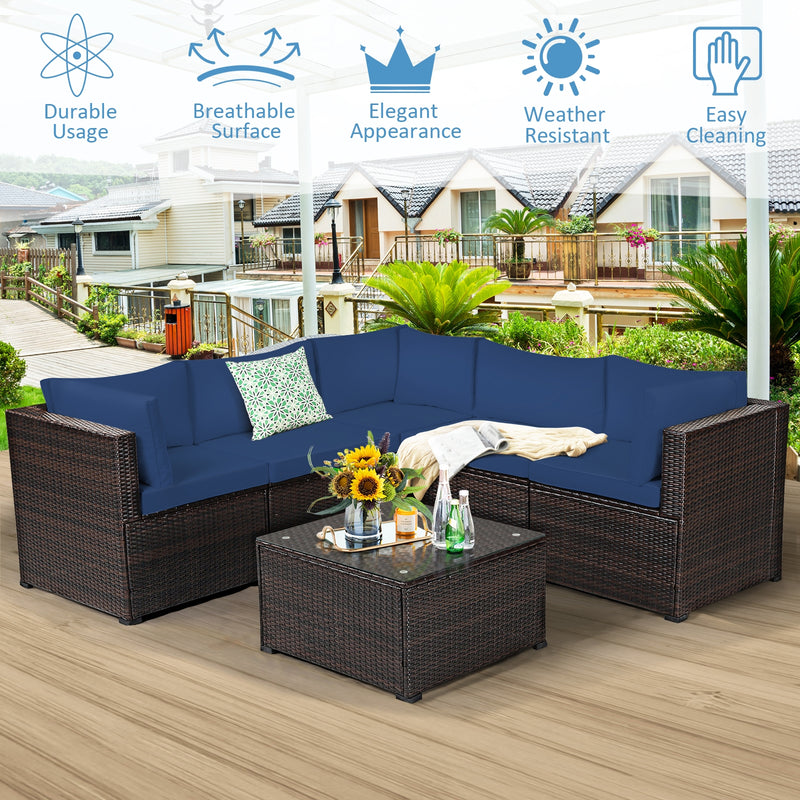 Costway - 6 Pieces Patio Furniture Sofa Set with Cushions for Outdoor-Navy