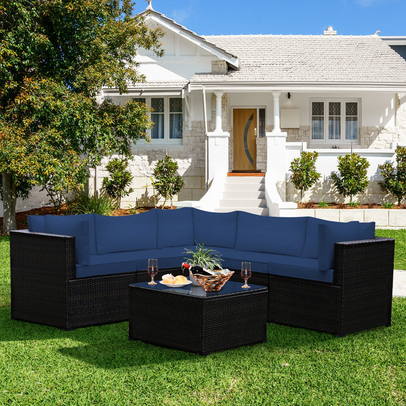Costway - 6 Pieces Patio Furniture Sofa Set with Cushions for Outdoor-Navy