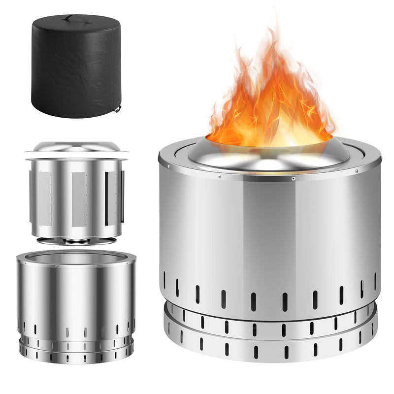 Costway - Smokeless Stainless Steel Fire Pit with Ash Pan for Yard Camping-Silver
