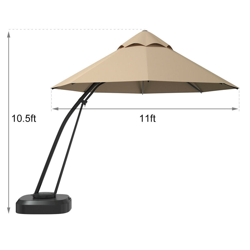 Costway - 11 Feet Outdoor Cantilever Hanging Umbrella with Base and Wheels-Beige