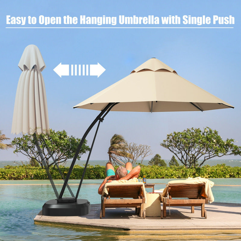 Costway - 11 Feet Outdoor Cantilever Hanging Umbrella with Base and Wheels-Beige