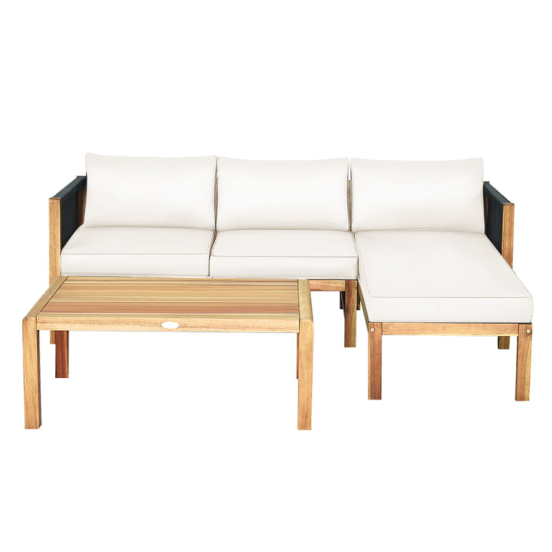 Costway - 3 Pieces Patio Acacia Wood Sofa Furniture Set with Nylon Rope Armrest-White