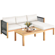 Costway - 3 Pieces Patio Acacia Wood Sofa Furniture Set with Nylon Rope Armrest-White