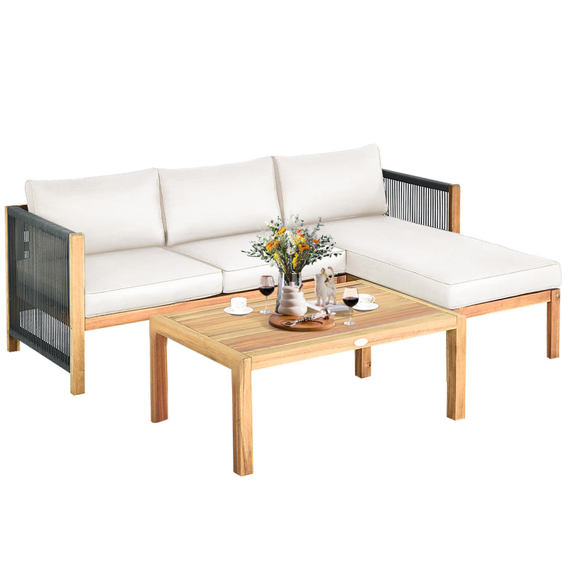Costway - 3 Pieces Patio Acacia Wood Sofa Furniture Set with Nylon Rope Armrest-White