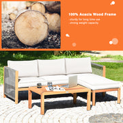 Costway - 3 Pieces Patio Acacia Wood Sofa Furniture Set with Nylon Rope Armrest-White