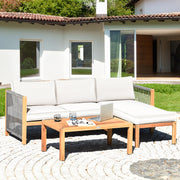 Costway - 3 Pieces Patio Acacia Wood Sofa Furniture Set with Nylon Rope Armrest-White