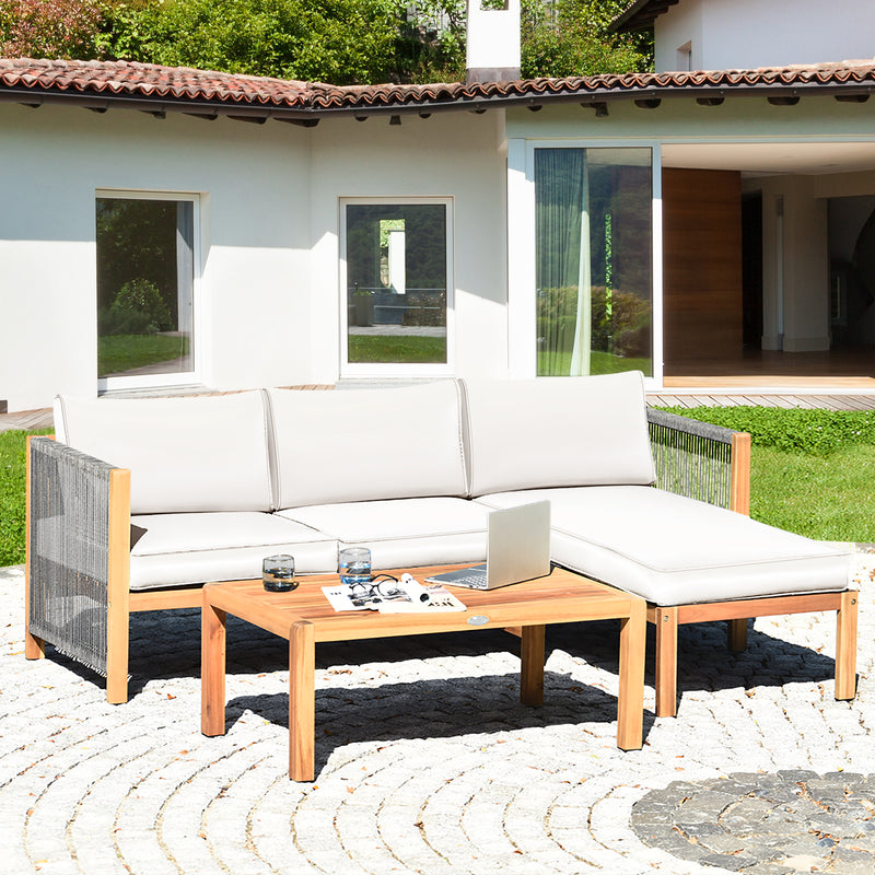 Costway - 3 Pieces Patio Acacia Wood Sofa Furniture Set with Nylon Rope Armrest-White