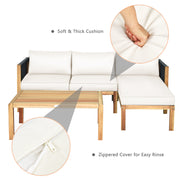 Costway - 3 Pieces Patio Acacia Wood Sofa Furniture Set with Nylon Rope Armrest-White