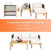 Costway - 3 Pieces Patio Acacia Wood Sofa Furniture Set with Nylon Rope Armrest-White