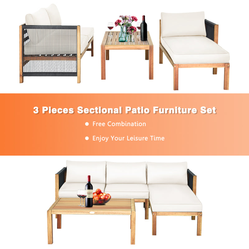 Costway - 3 Pieces Patio Acacia Wood Sofa Furniture Set with Nylon Rope Armrest-White