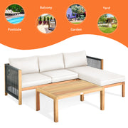Costway - 3 Pieces Patio Acacia Wood Sofa Furniture Set with Nylon Rope Armrest-White