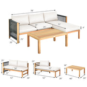 Costway - 3 Pieces Patio Acacia Wood Sofa Furniture Set with Nylon Rope Armrest-White