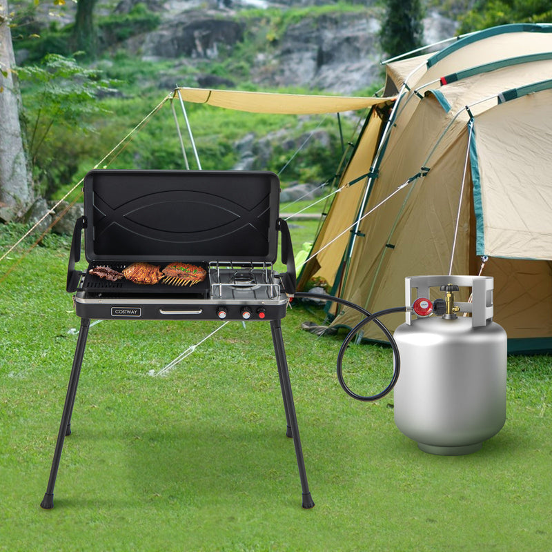 Costway - 2-in-1 Gas Camping Grill and Stove with Detachable Legs-Black