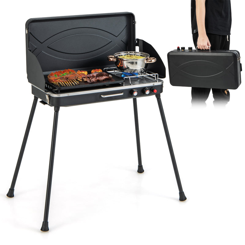 Costway - 2-in-1 Gas Camping Grill and Stove with Detachable Legs-Black