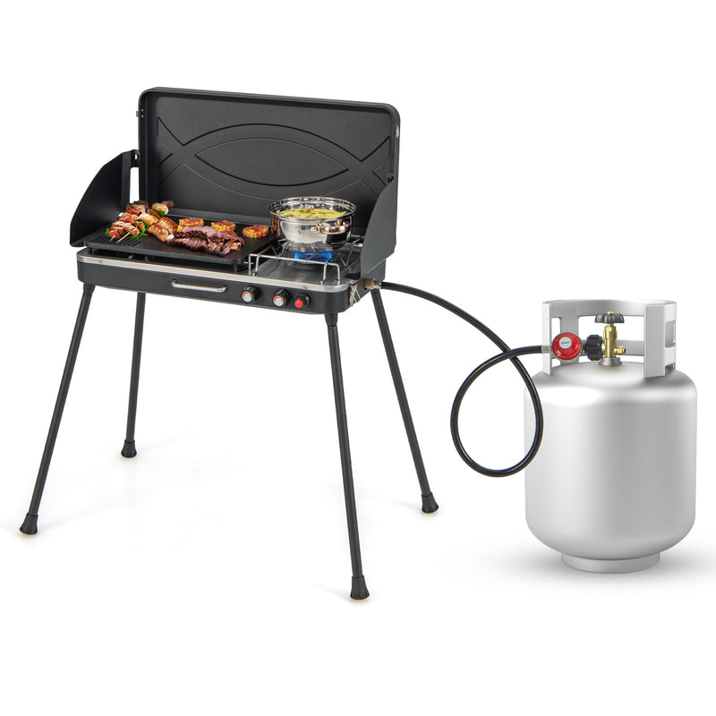 Costway - 2-in-1 Gas Camping Grill and Stove with Detachable Legs-Black