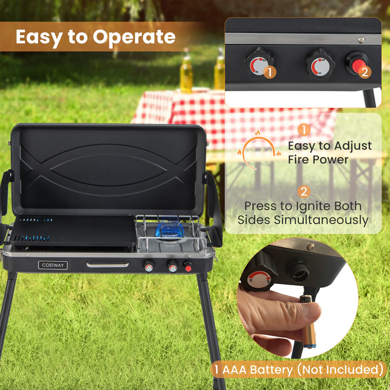 Costway - 2-in-1 Gas Camping Grill and Stove with Detachable Legs-Black