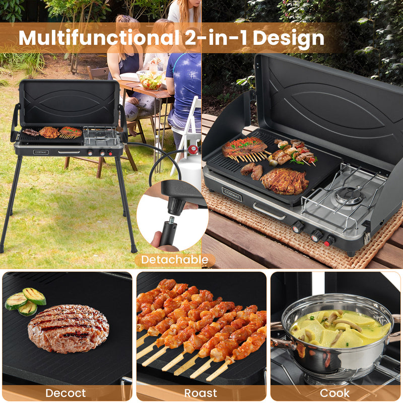 Costway - 2-in-1 Gas Camping Grill and Stove with Detachable Legs-Black