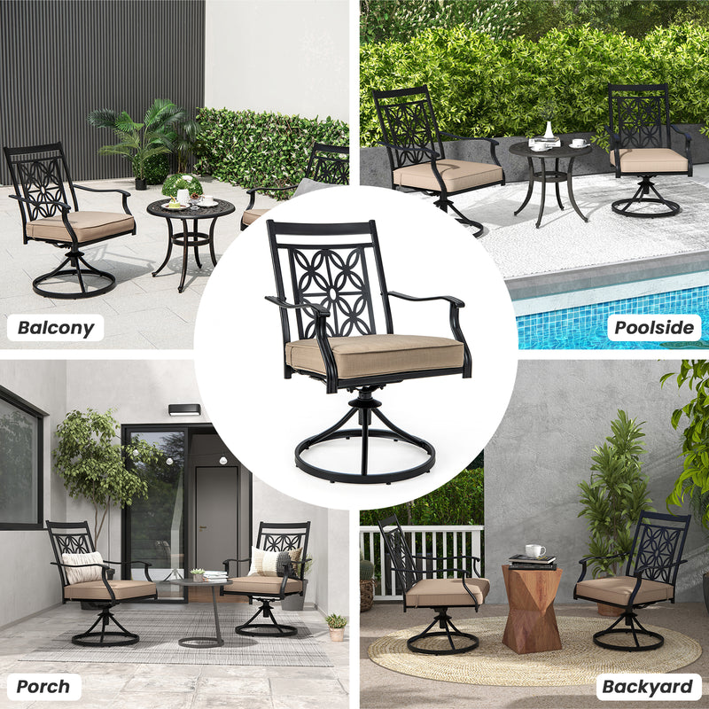 Costway - 2 Pieces Patio Swivel Dining Chairs with Blossom Pattern Backrest and Cushions-Black