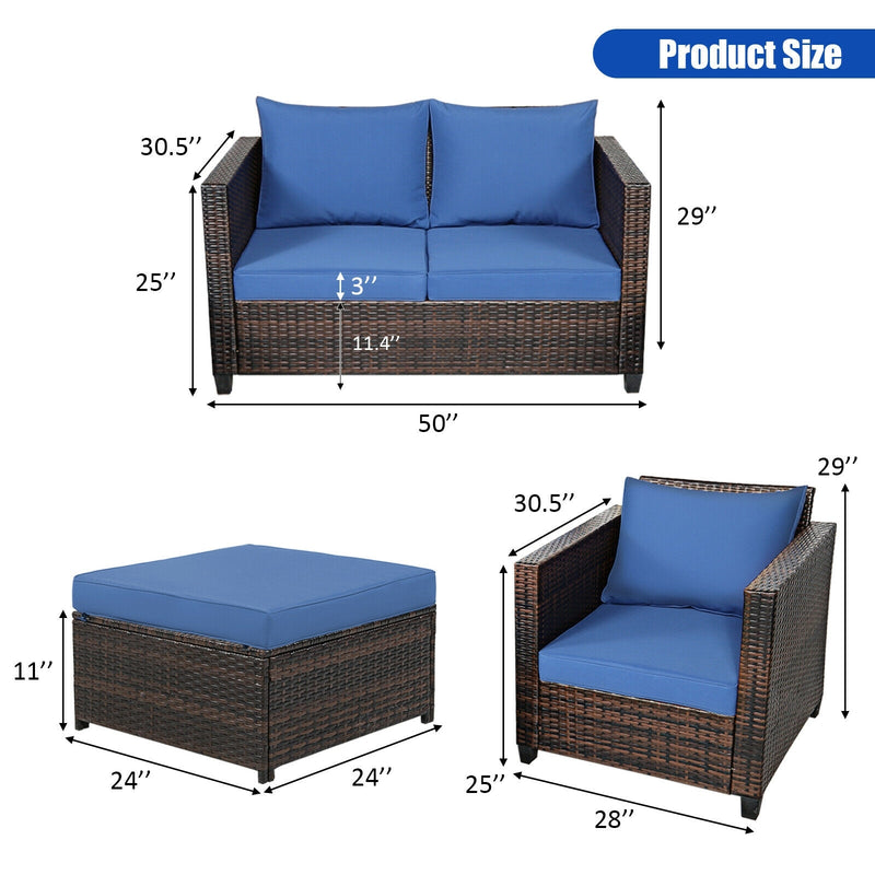 Costway - 5 Pieces Patio Cushioned Rattan Furniture Set-Navy