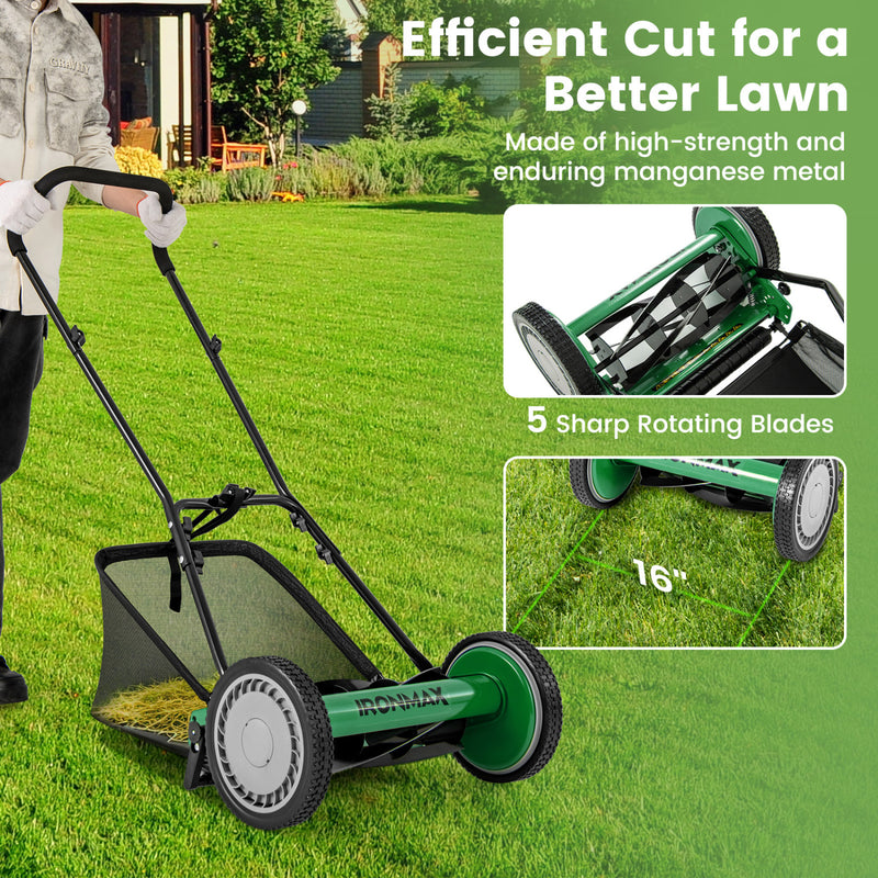 Costway - 16 Inch Push Lawn Mower with 5 Steel Blades and Grass Catcher Bag-Green