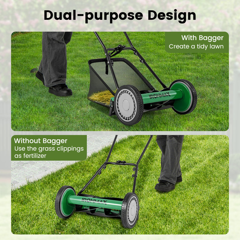 Costway - 16 Inch Push Lawn Mower with 5 Steel Blades and Grass Catcher Bag-Green