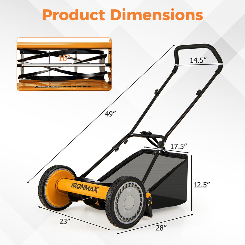 Costway - 16 Inch Push Lawn Mower with 5 Steel Blades and Grass Catcher Bag-Orange