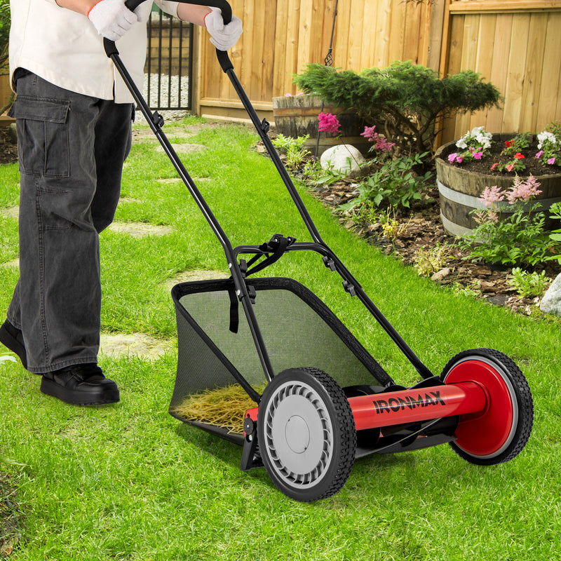 Costway - 16 Inch Push Lawn Mower with 5 Steel Blades and Grass Catcher Bag-Red