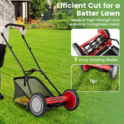 Costway - 16 Inch Push Lawn Mower with 5 Steel Blades and Grass Catcher Bag-Red