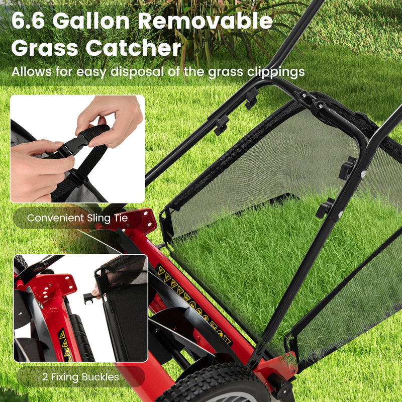 Costway - 16 Inch Push Lawn Mower with 5 Steel Blades and Grass Catcher Bag-Red