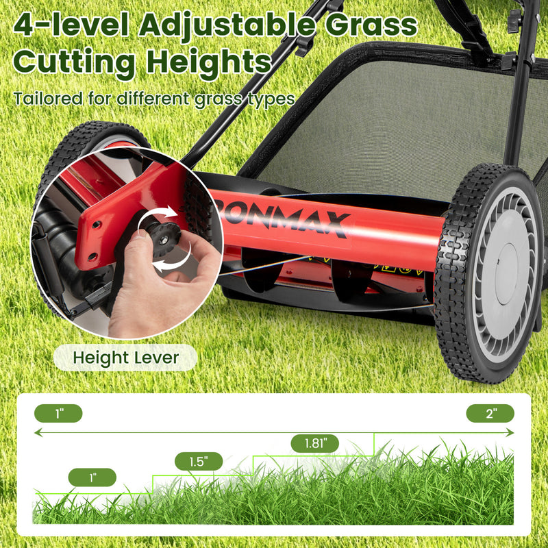 Costway - 16 Inch Push Lawn Mower with 5 Steel Blades and Grass Catcher Bag-Red